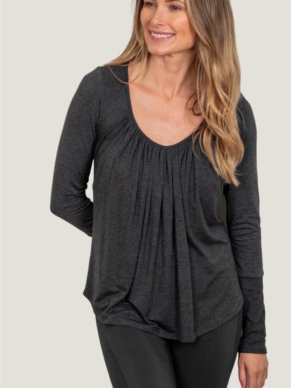 Pleated Scoop-Neck Long Sleeve Top - Charcoal